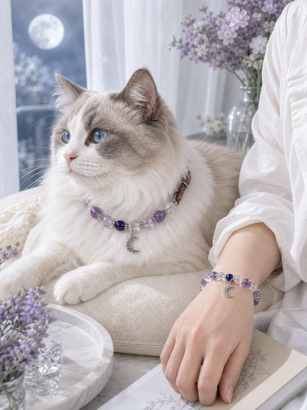 Moonlit Amethyst Matching Crystal Set pet wearing lifestyle image