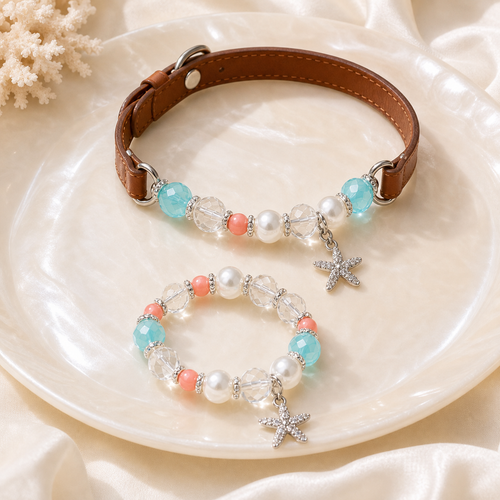 Seafoam Star matching crystal pet collar and bracelet main image