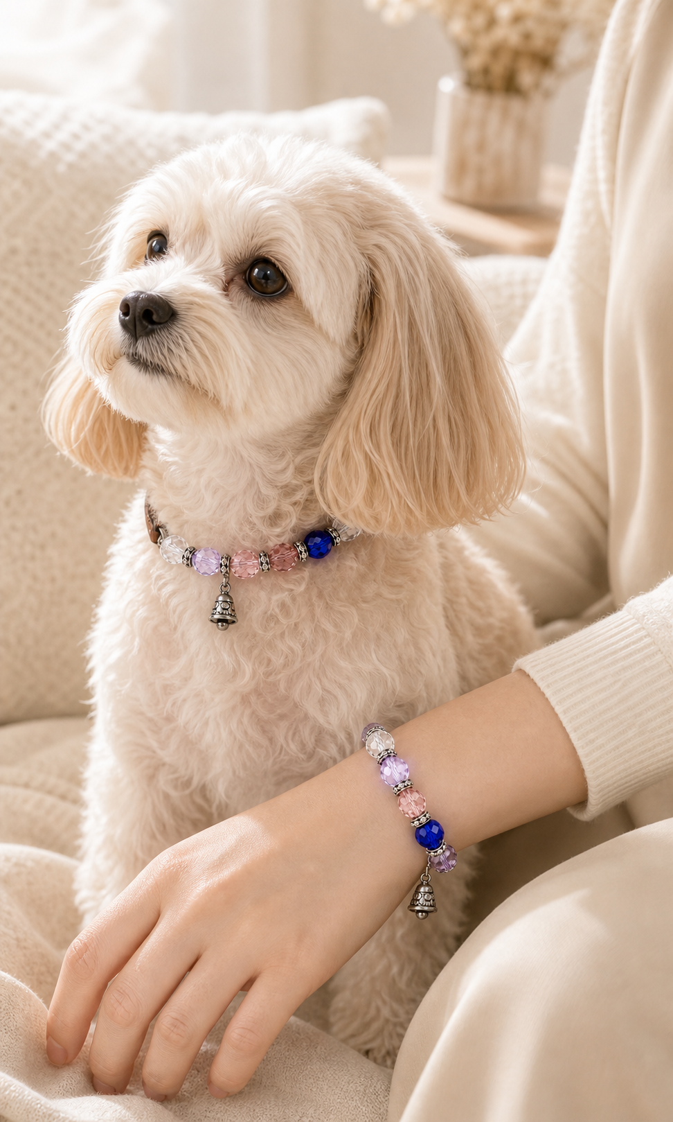 Human and pet matching crystal collar and bracelet wearing scene