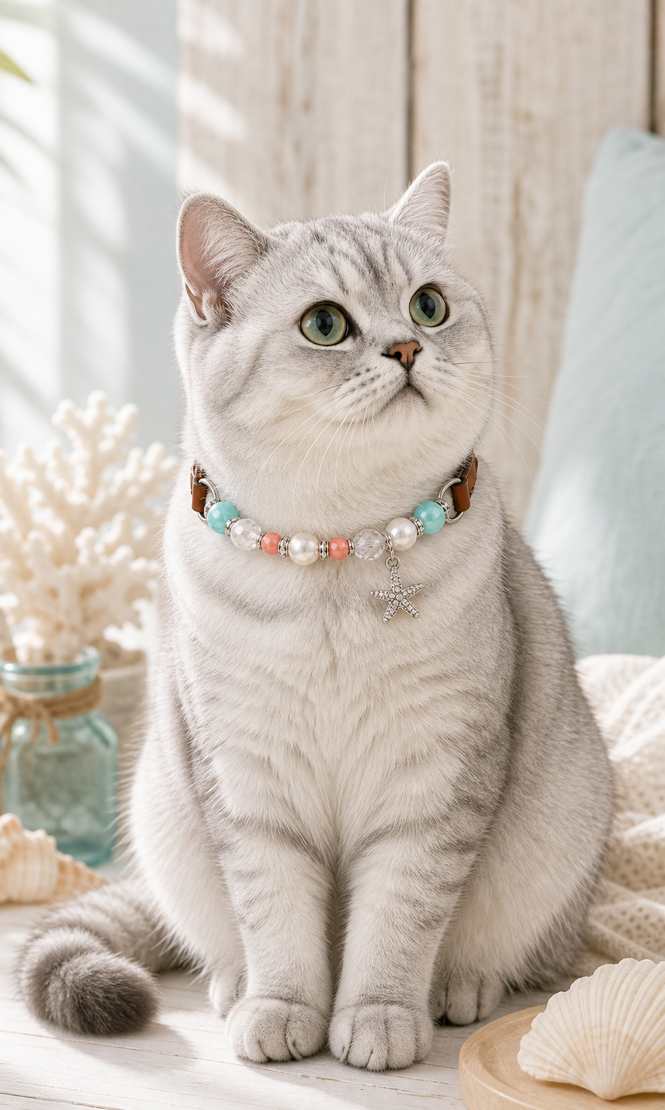 Silver gray cat wearing Seafoam Star decorative crystal collar