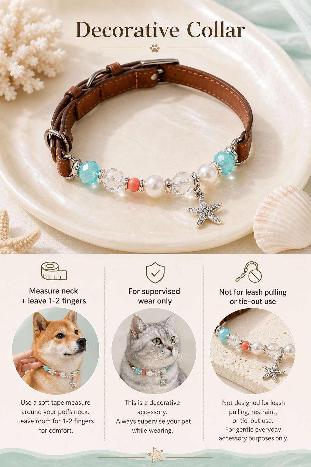 Seafoam Star decorative collar fit and supervised wear safety guide
